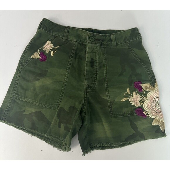 Free People Jean Shorts Womens 4 Green High Rise Button Fly Embroidered Raw Hem - Picture 1 of 7